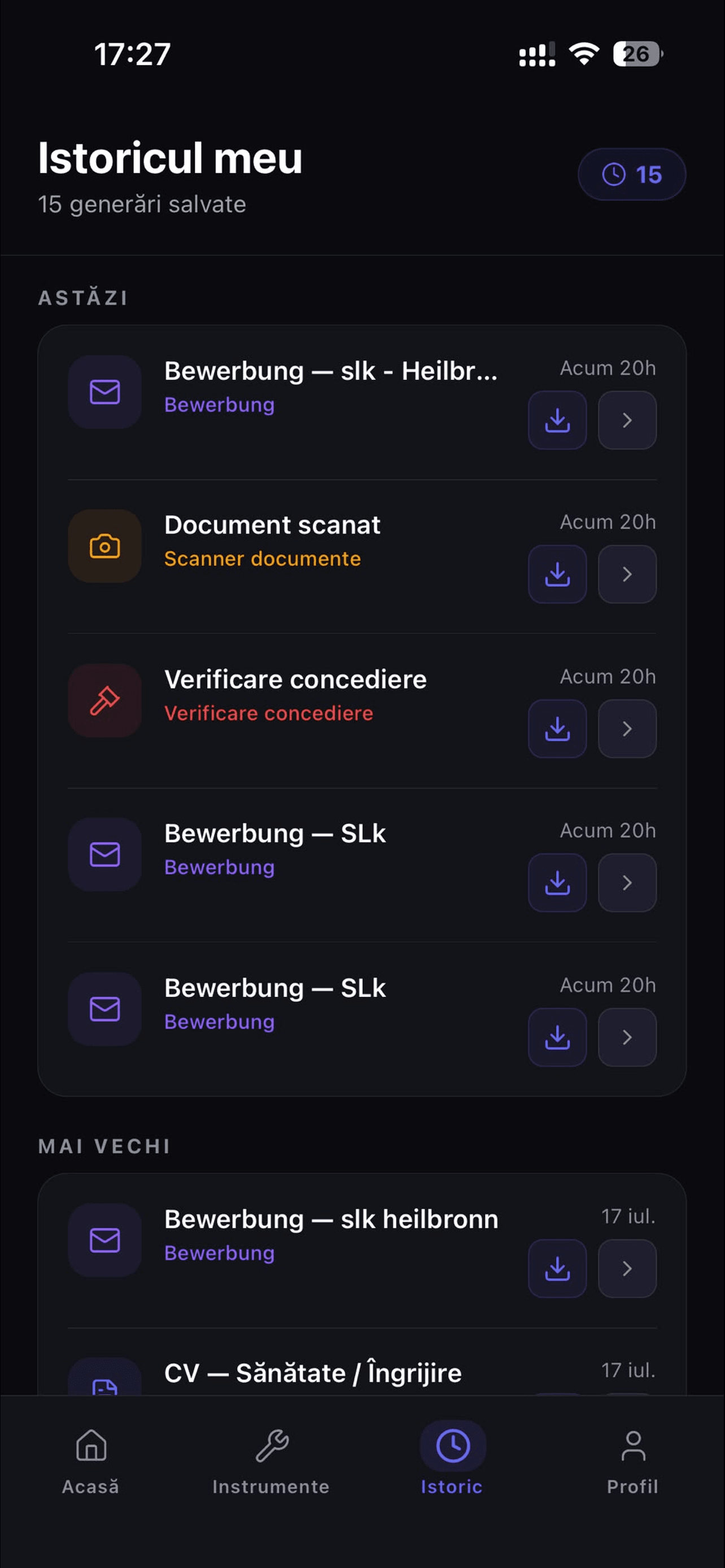 Istoricul RoCenter Assist cu documente scanate, Bewerbung și rezultate salvate